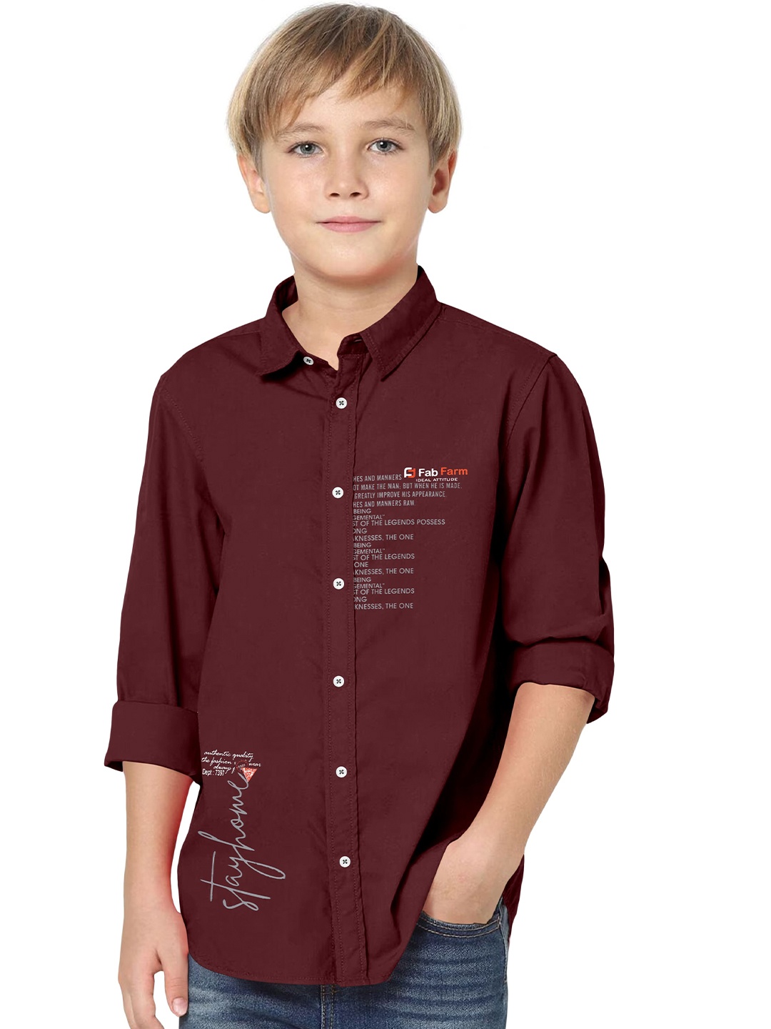 

FABFARM Boys Comfort Spread Collar Typography Printed Cotton Casual Shirt, Maroon