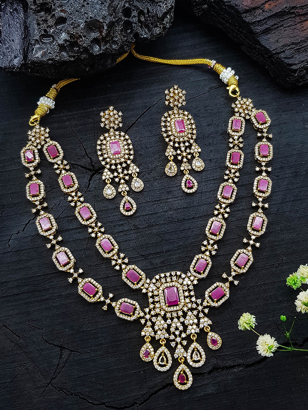 

GRIIHAM Gold Plated Stone-Studded Necklace & Earrings