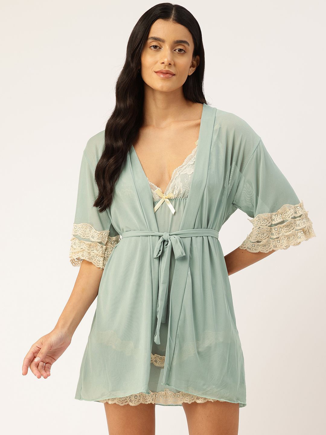 

Ms.Lingies Women Net Baby Doll Nightwear With Robe, Green