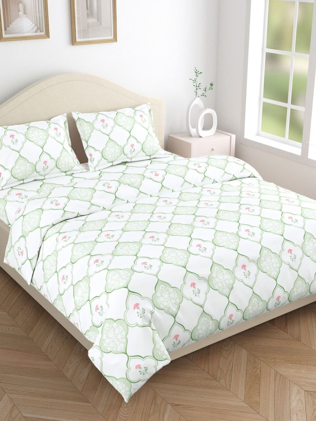 

haus & kinder sage Trellis White Floral Printed 186 TC Pure Cotton King Bedsheet Set