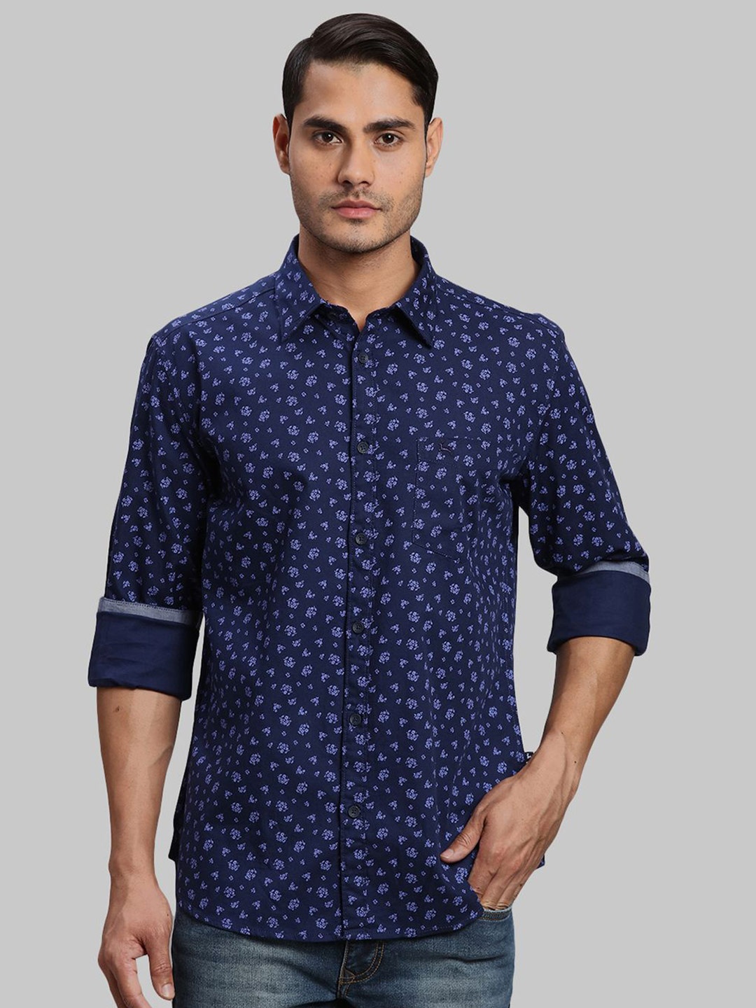 

Parx Men Cutaway Collar Floral Printed Cotton Slim Fit Casual Shirt, Blue