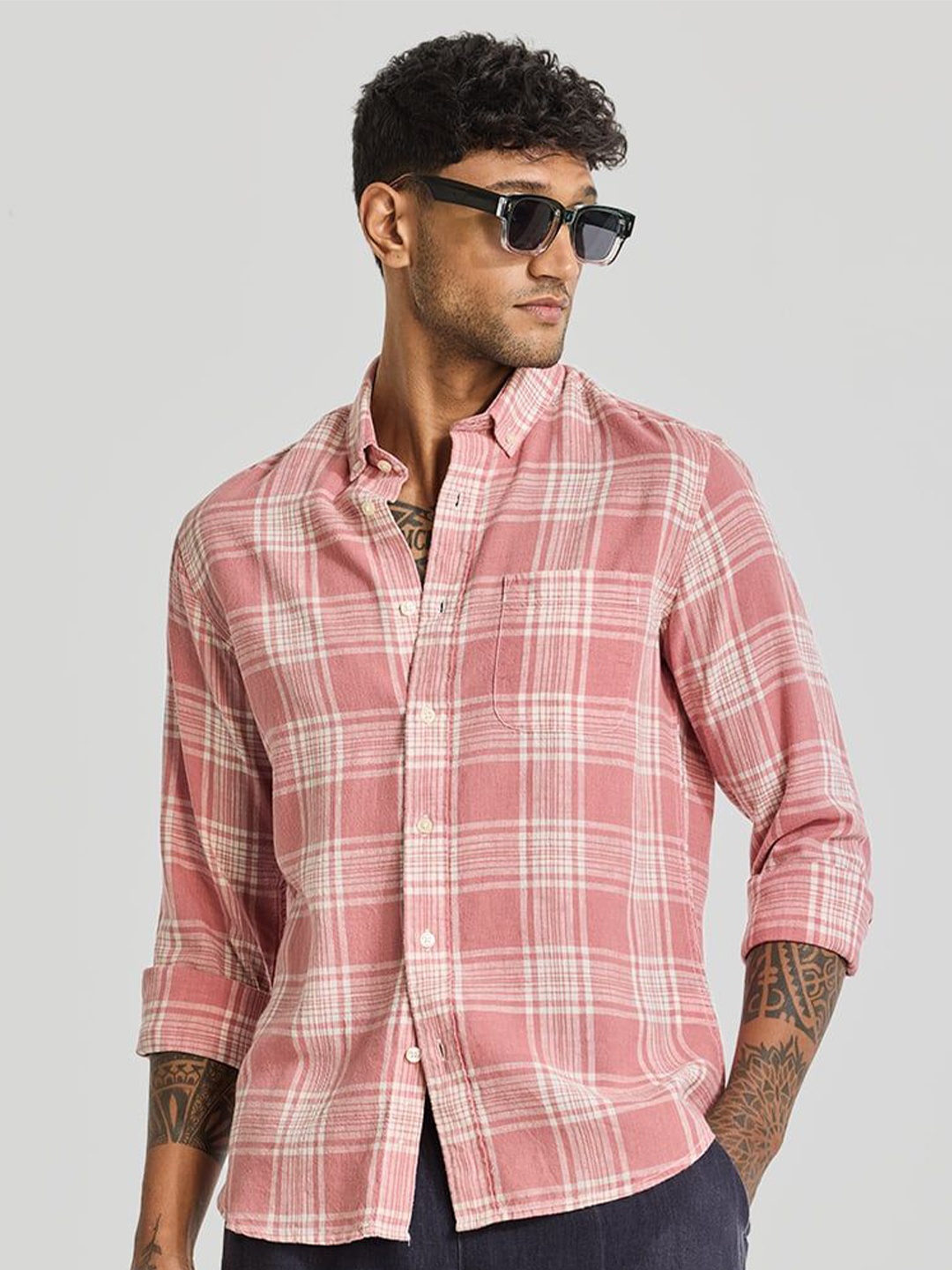 

Snitch Men Smart Button-Down Collar Tartan Checked Linen Casual Shirt, Peach