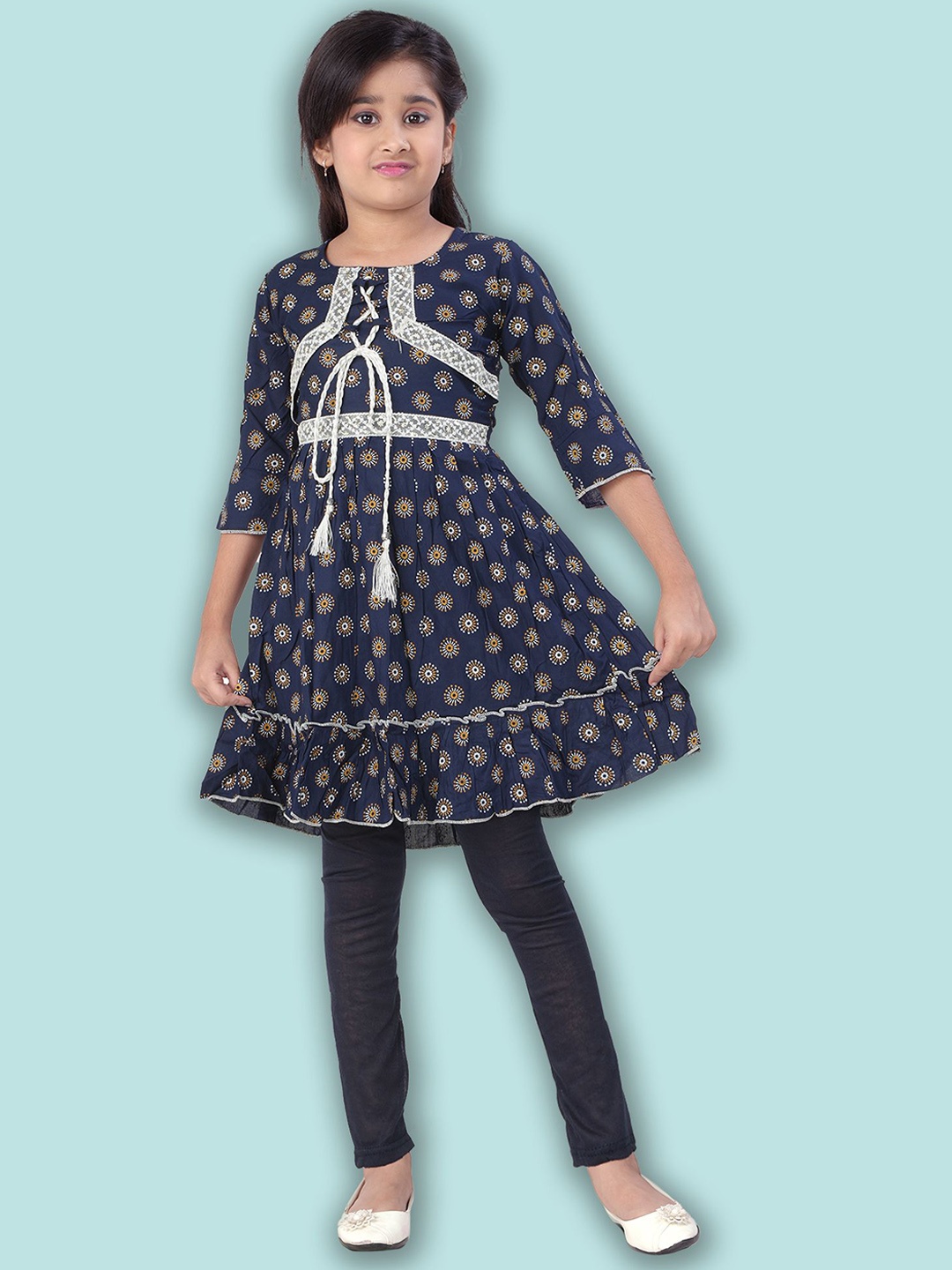 

BURBN Girls Floral Printed Round Neck Gotta Patti A-Line Kurta with Leggings, Navy blue