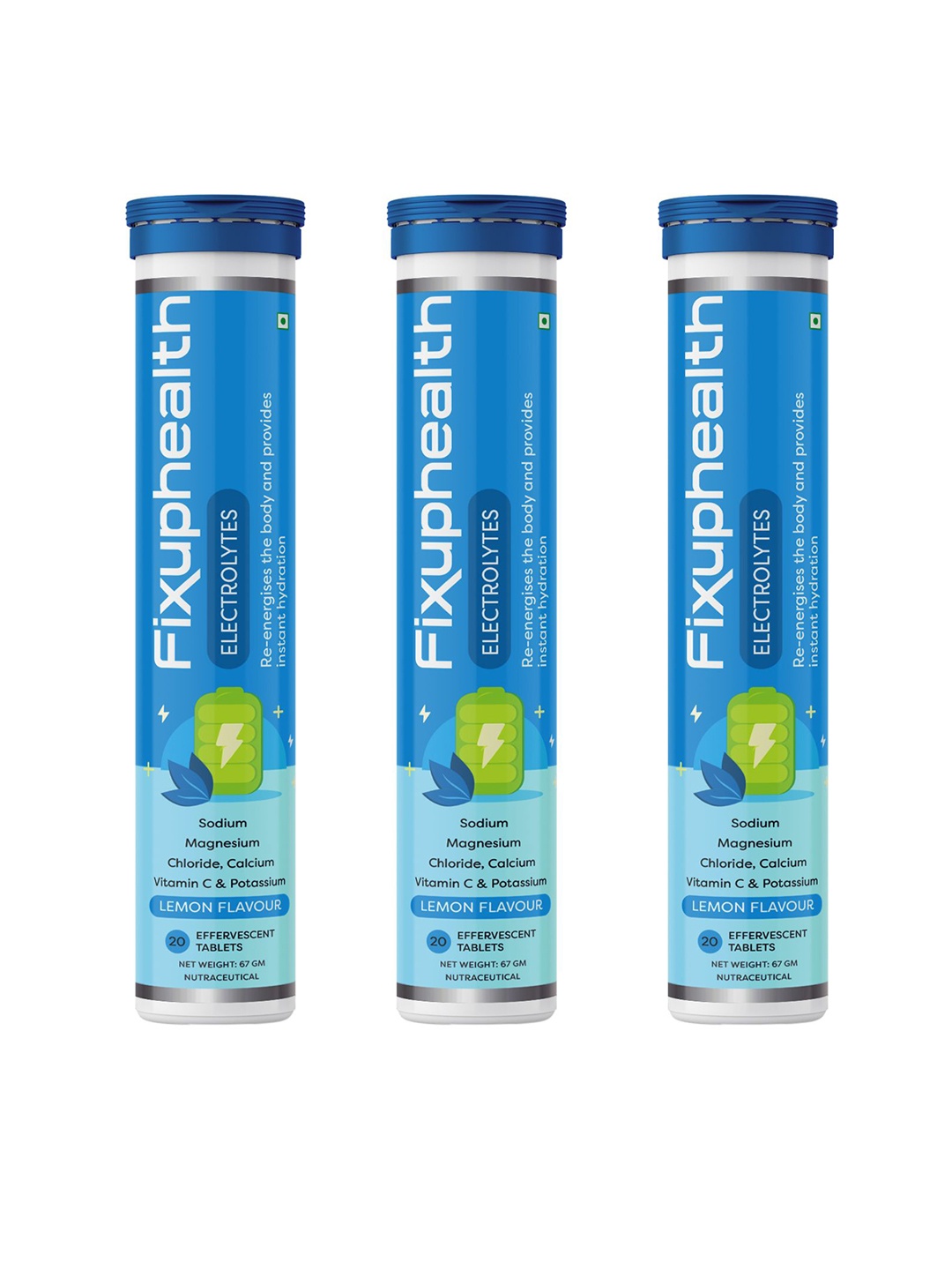 

Fixuphealth Set Of 3 Electrolytes Vit C Effervescent Tablets- 20 Tablets Each, Blue