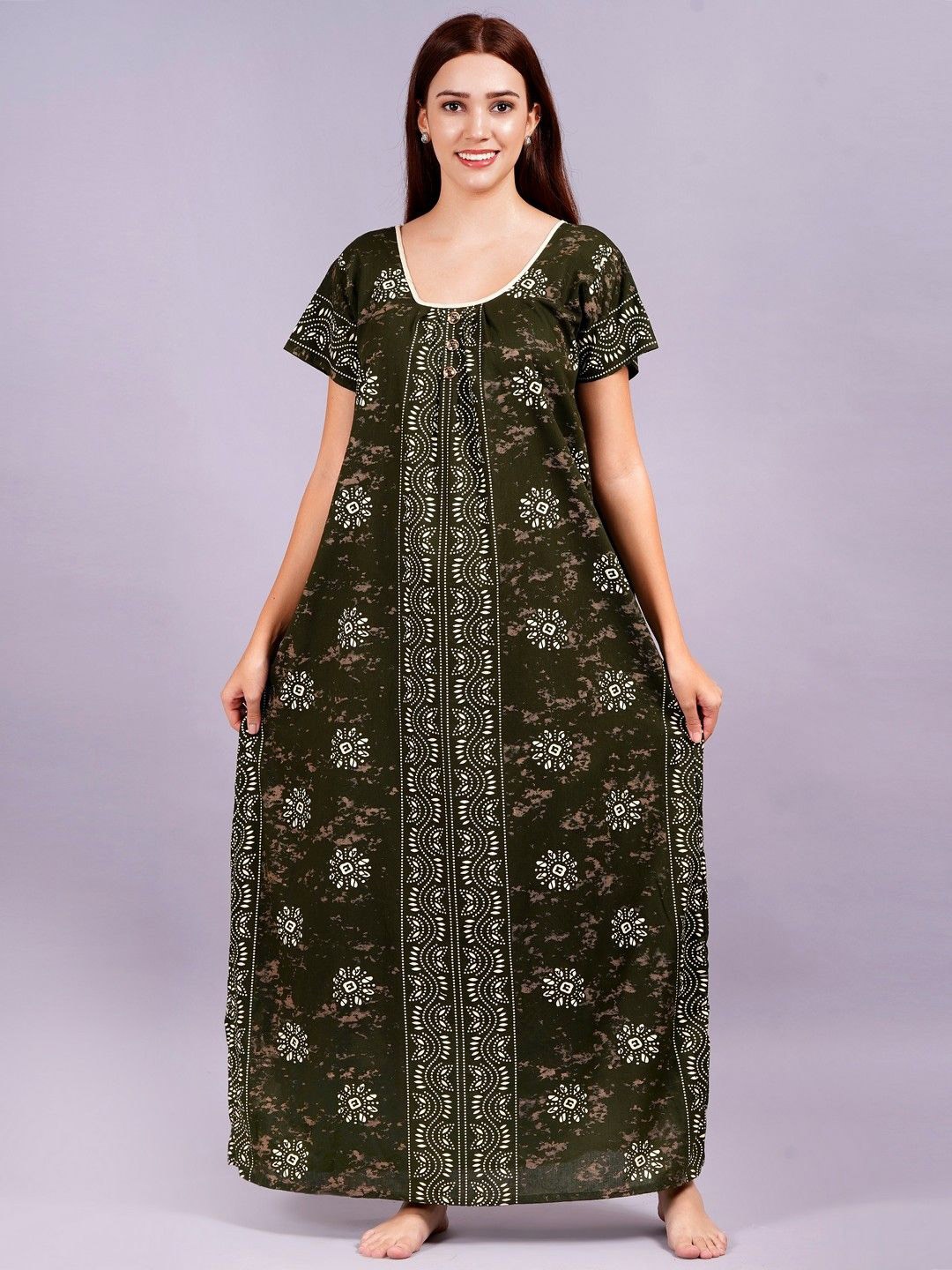 

Breezly Women Printed Maxi Nightdress, Green