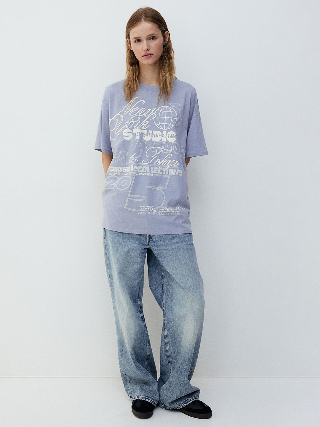 

H&M Printed Pure Cotton Oversized Motif-Detail Tshirts, Blue