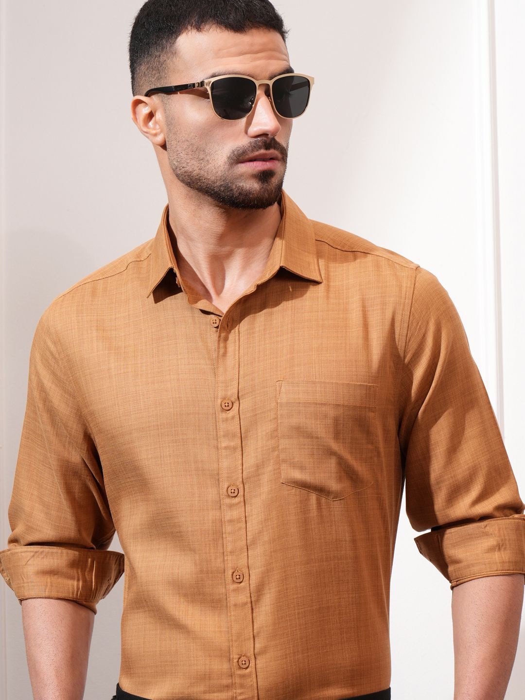 

Locomotive Luxe Men Textured Solid Occasion Shirt, Khaki