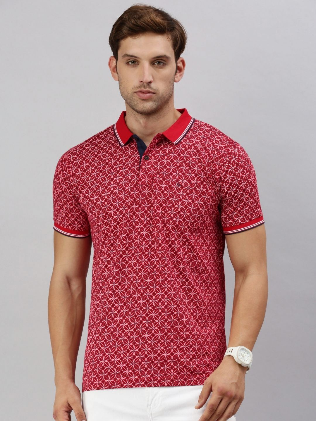 

Classic Polo Men Geometric Printed Polo Collar Cotton T-shirt, Red