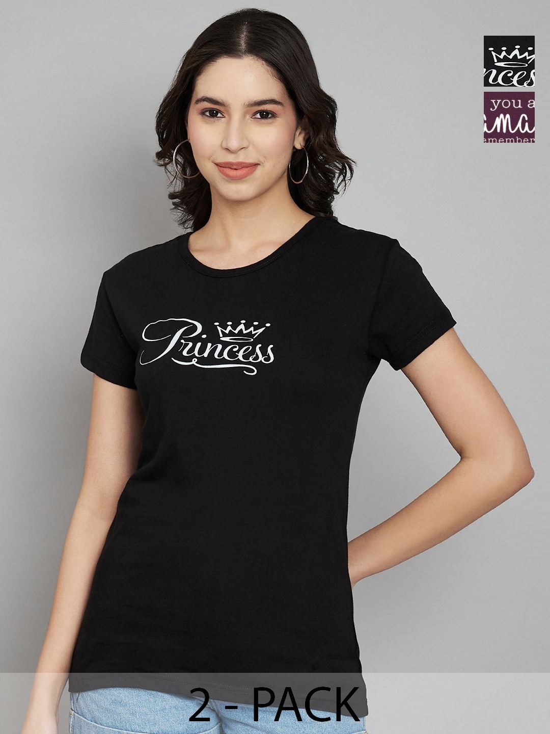 

Trend Level Women Pack Of 2 Typography Printed Round Neck Cotton T-shirts, Black