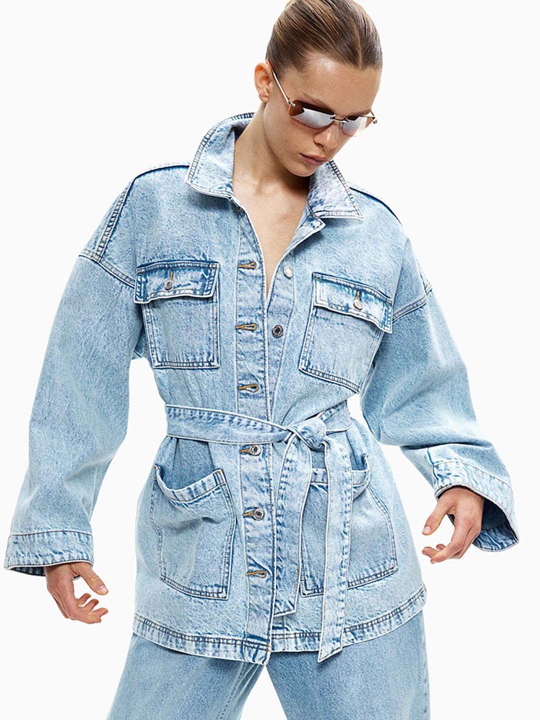 

H&M Tie-Belt Denim Jacket, Blue