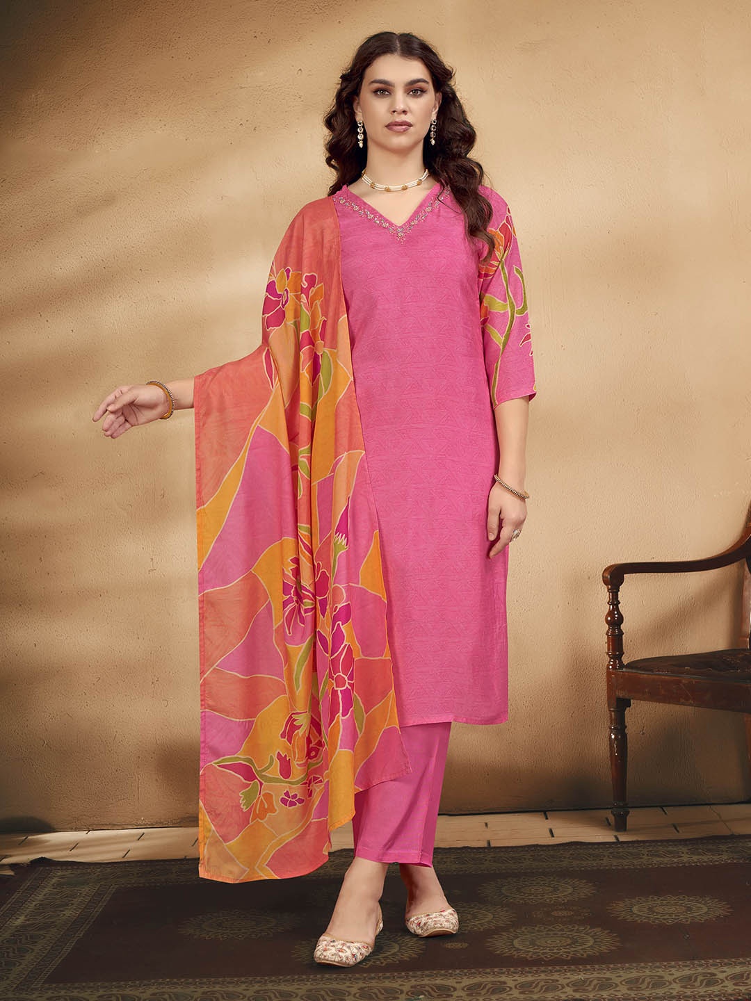 

Anouk Pink Self Design V-Neck Beads and Stones Straight Kurta with Trouser & Dupatta