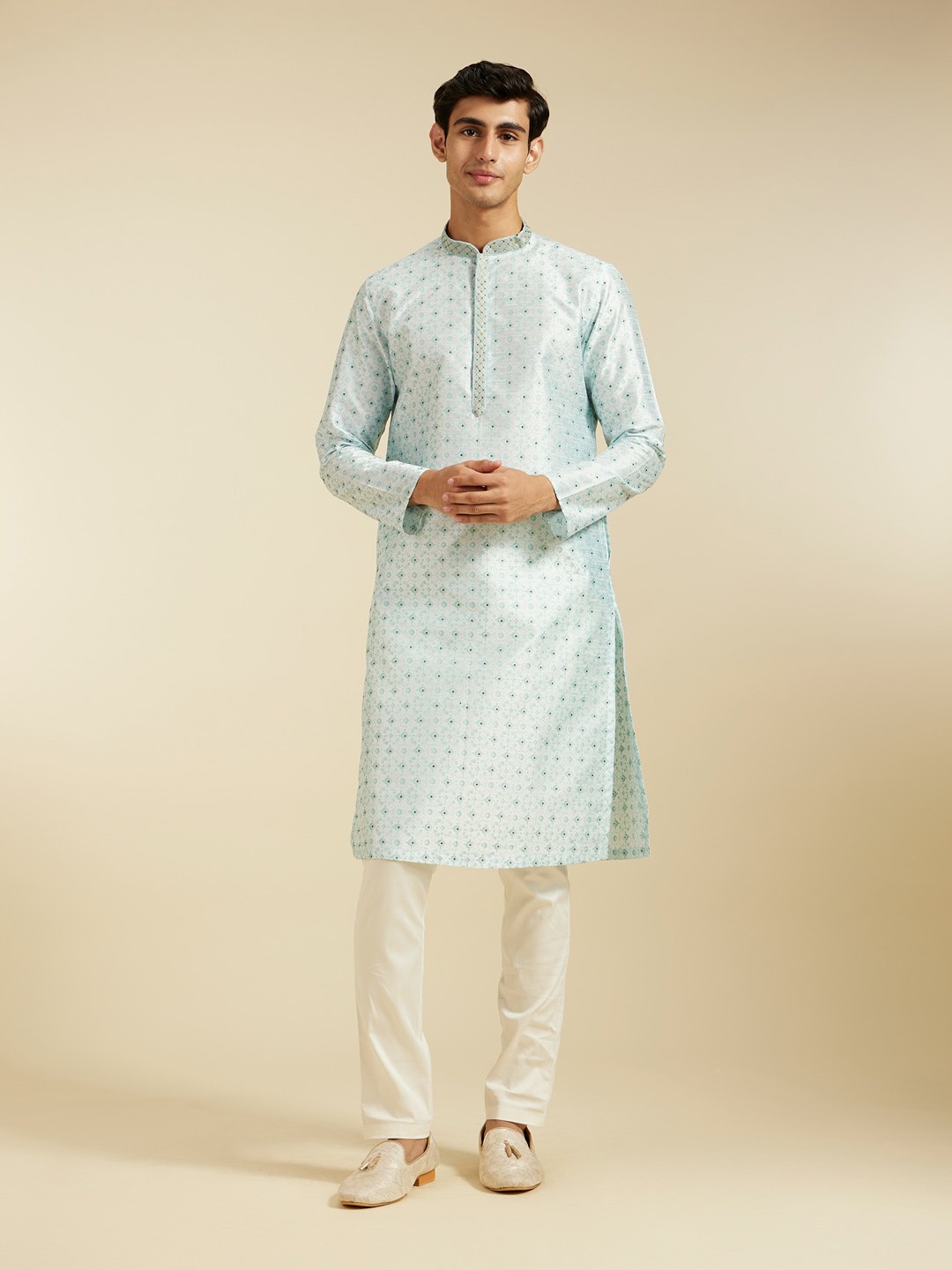 

Diwas by Manyavar Floral Printed Thread Work Mandarin Collar Art Silk Straight Kurta, Blue