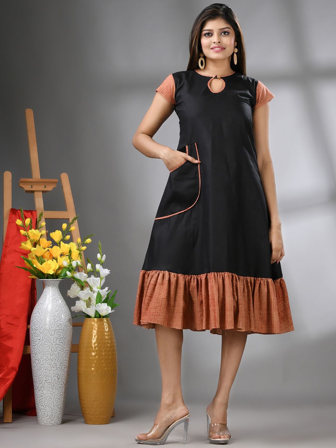 

Charukriti Cotton Ruffle A-line Midi Ethnic Dress, Black