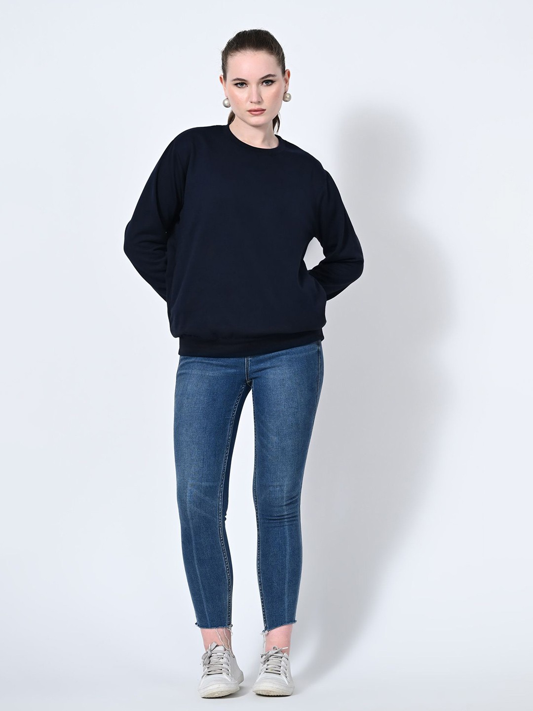 

BAESD Women Solid Round Neck Fleece Pullover Sweatshirt, Navy blue