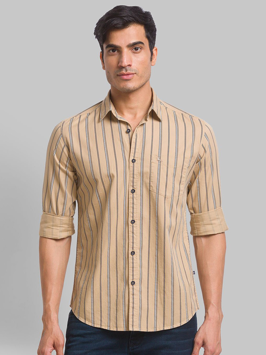 

Parx Men Cutaway Collar Vertical Striped Cotton Slim Fit Casual Shirt, Brown
