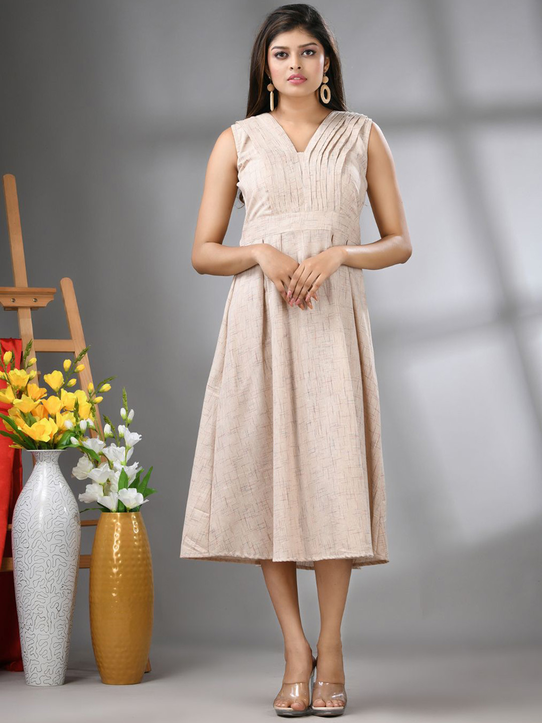 

Charukriti Printed Cotton Fit & Flared Midi Dress, Beige