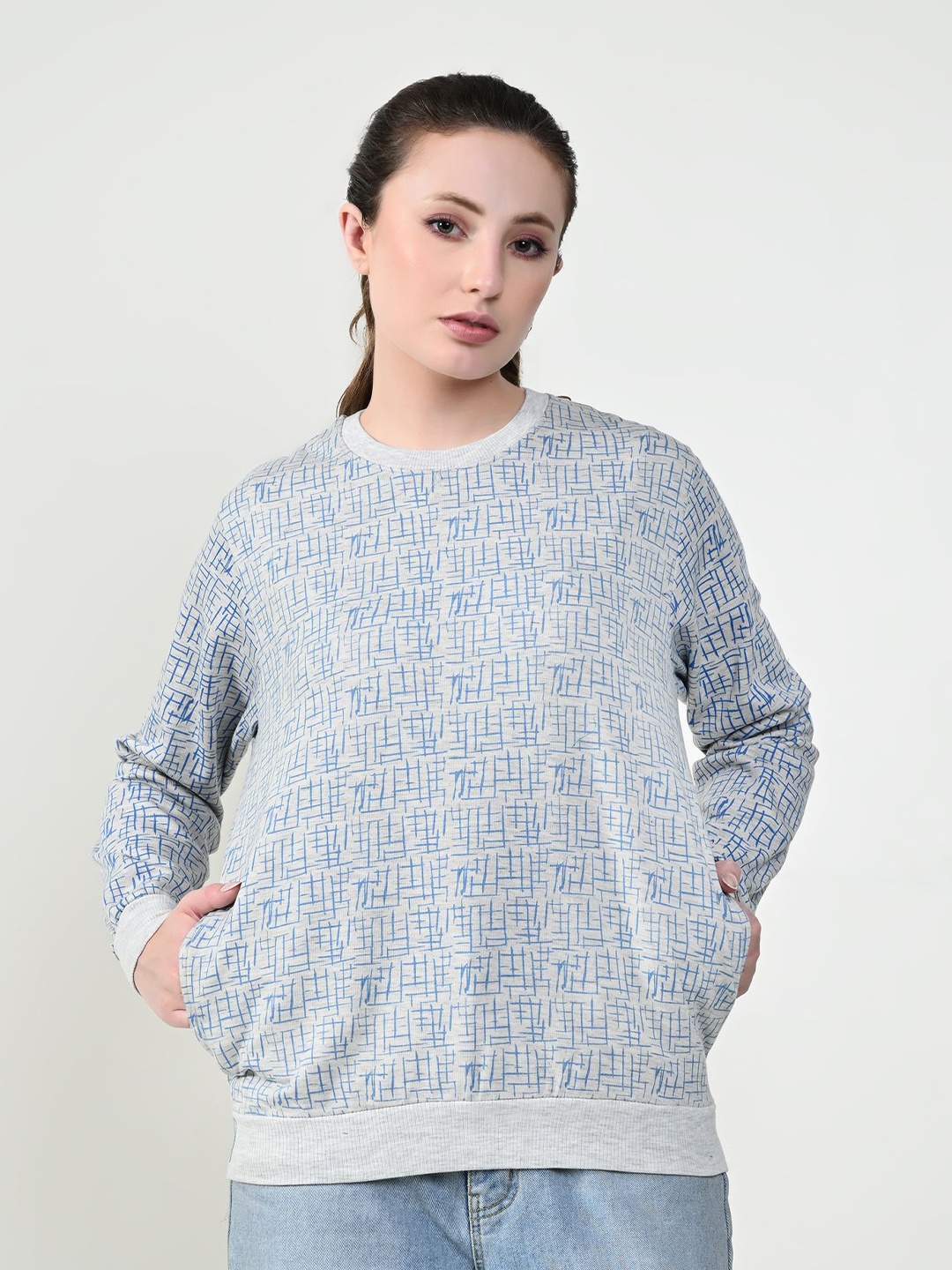 

BAESD Women Abstract Printed Round Neck Fleece Pullover Sweatshirt, Grey