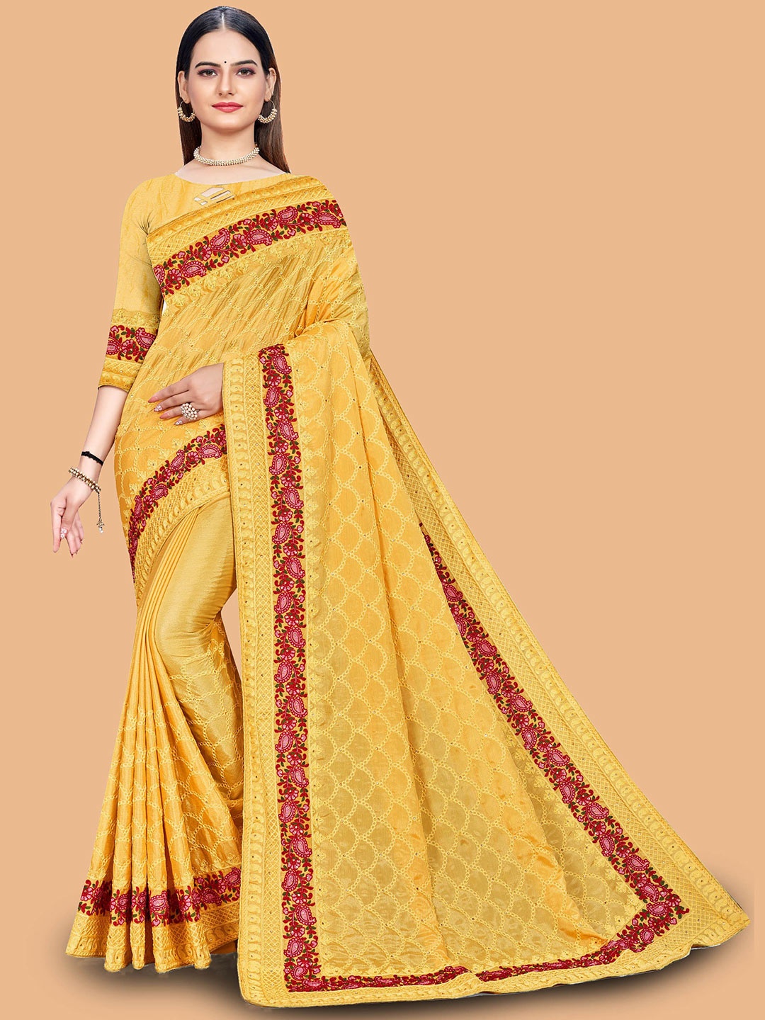 

Maroosh Floral Embroidered Saree, Mustard