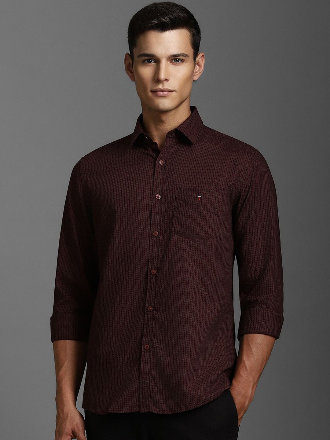 

Louis Philippe Sport Men Slim Fit Micro Ditsy Printed Pure Cotton Casual Shirt, Maroon