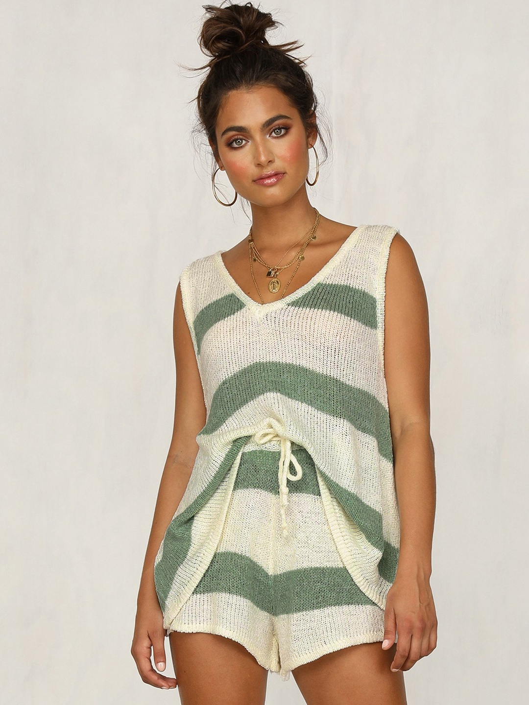 

LULU & SKY Women Striped V-neck Co-Ords, Green