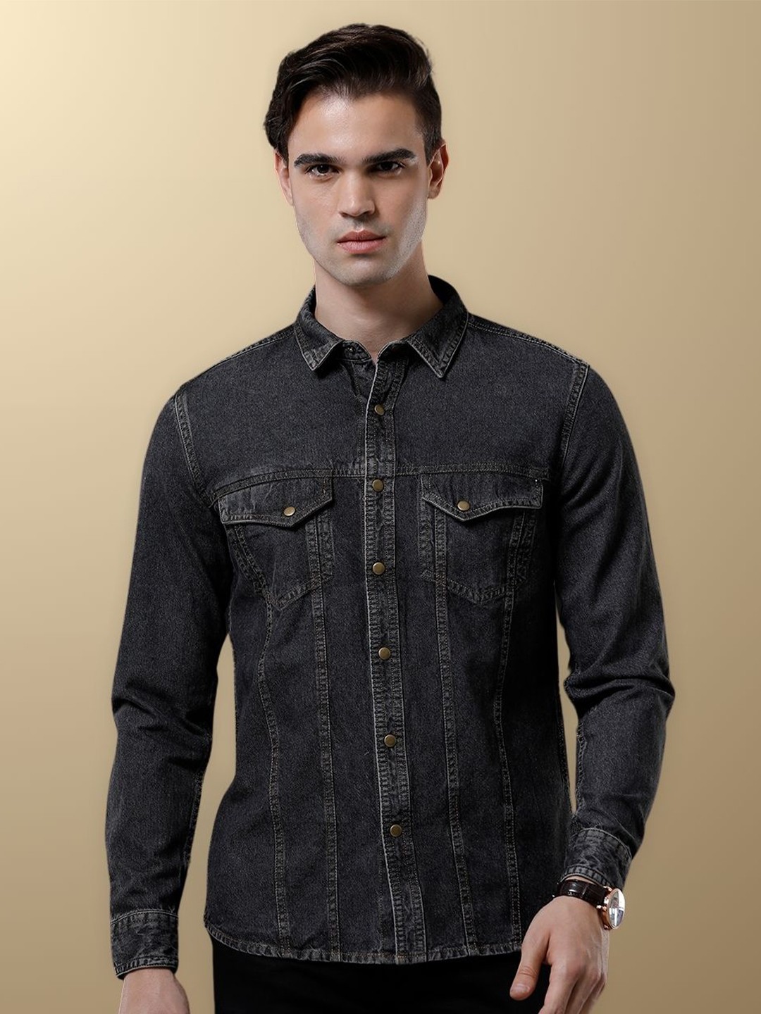 

TEMPLE OF DENIM Men India Slim Spread Collar Solid Denim Casual Shirt, Black