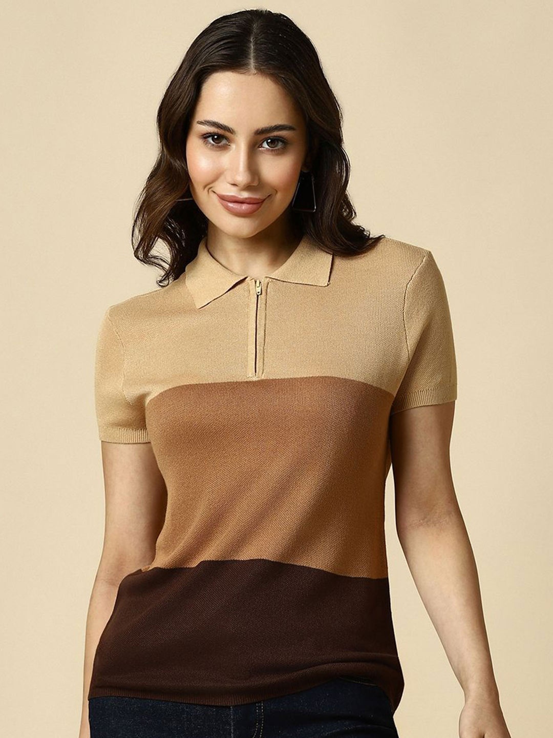 

Allen Solly Woman Colourblocked Polo Collar T-shirt, Brown