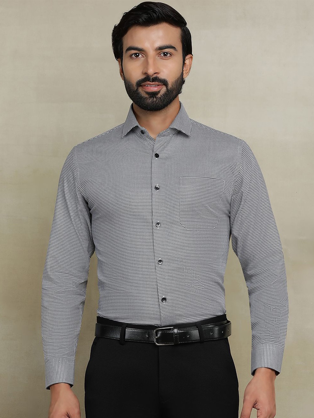 

METAL Men Spread Collar Micro Ditsy Printed Cotton Slim Fit Formal Shirt, Grey