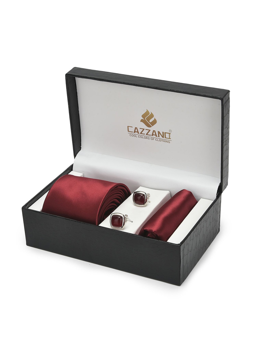 

Cazzano Men Accessory Gift Set Of Slim Tie, Cufflink & Pocket Square, Maroon