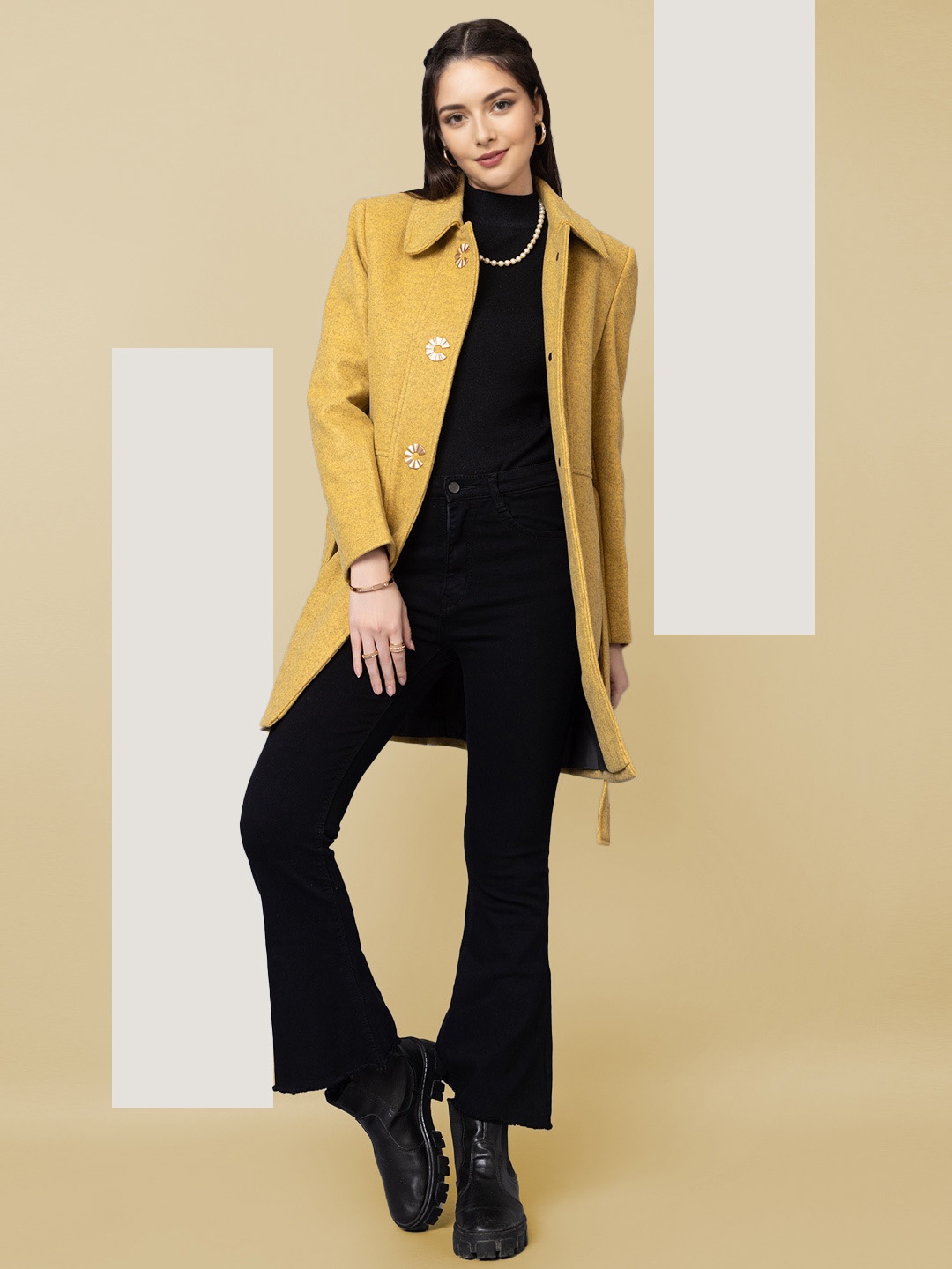 

The Roadster Lifestyle Co. Women Solid Woollen Single Breasted Overcoat With belt, Yellow