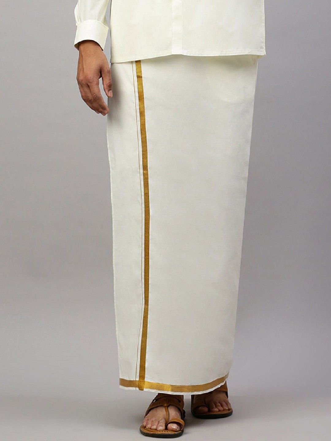 

Ramraj Men Solid Cotton Adjustable Dhoti with Border, Cream