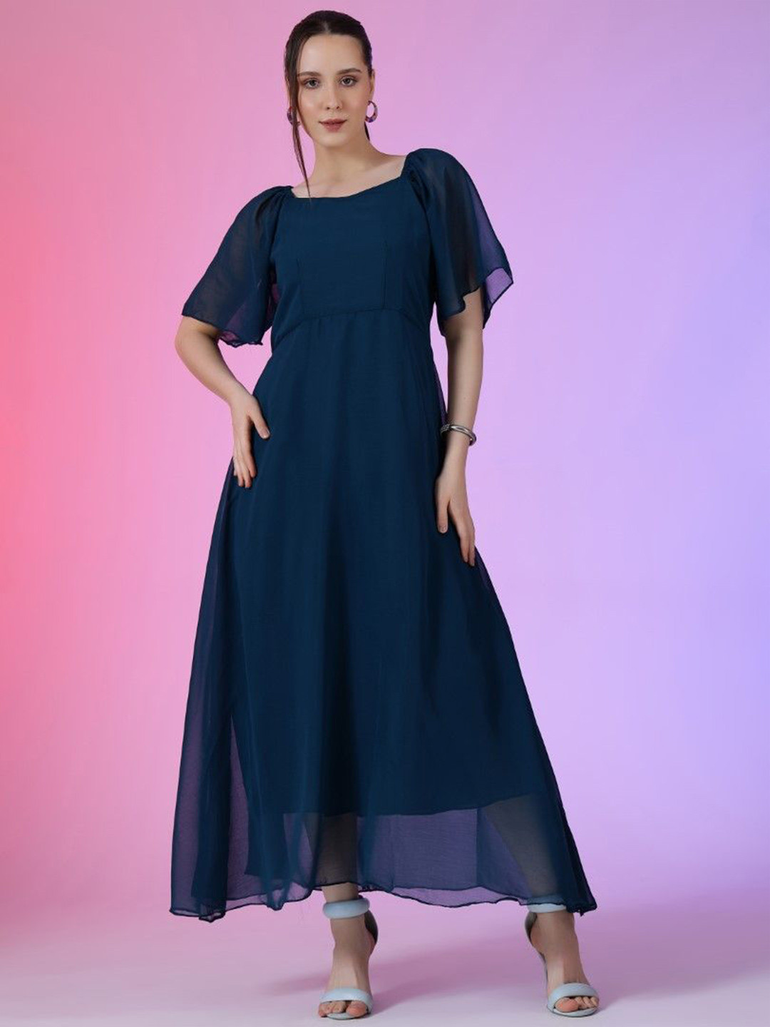 

Femvy women SquareNeck BellSleeve Fit & Flare Maxi Dress, Blue