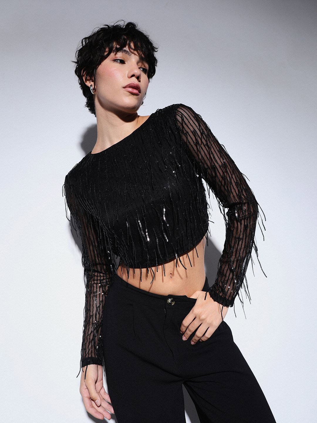 

ONLY Women Sequinned Striped Round Neck Top, Black