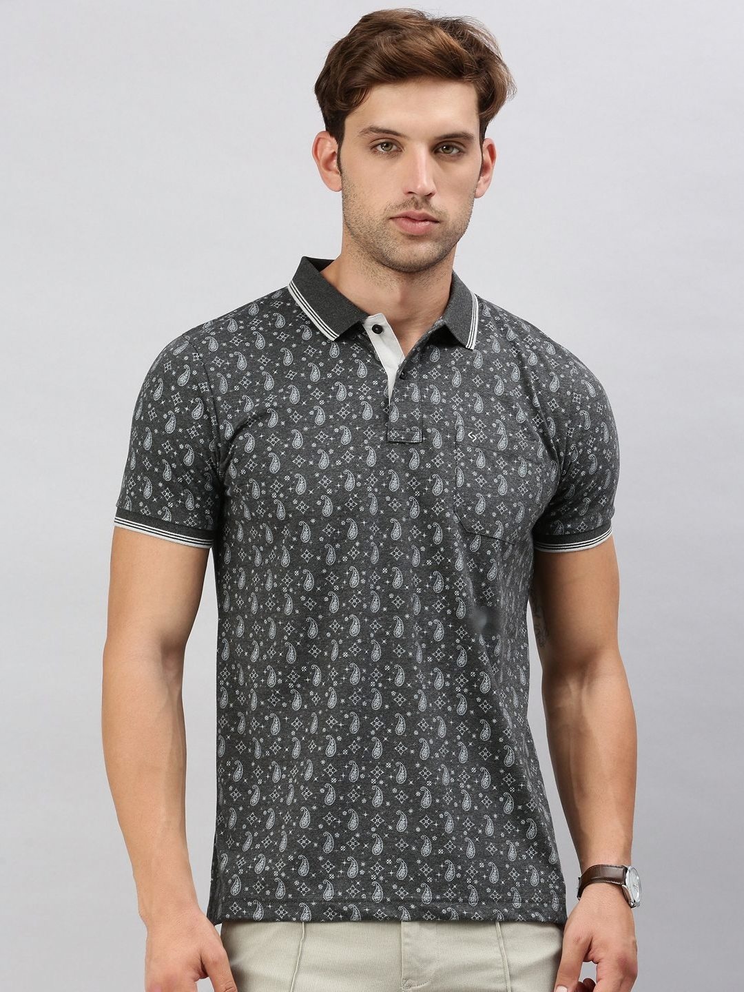 

Classic Polo Men Conversational Printed Polo Collar Cotton T-shirt, Charcoal