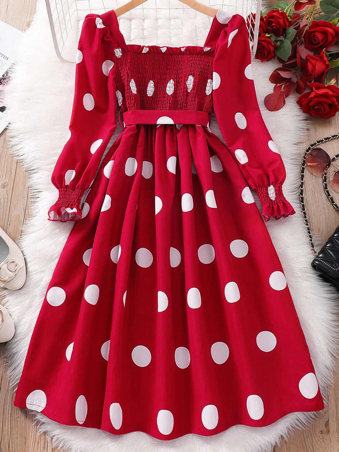 

INCLUD Girls Polka Dot Printed Square Neck Puff Sleeve Fit & Flare Dress, Maroon