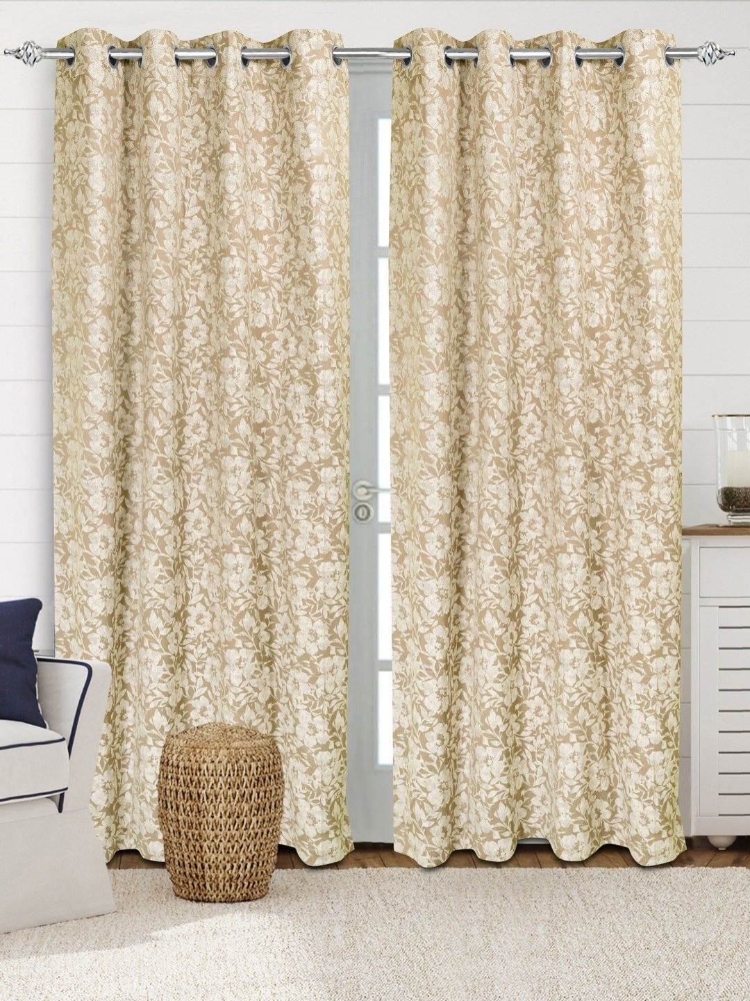 

Saral Home Beige & White 2 Pieces Floral Printed Cotton Room Darkening Door Curtains