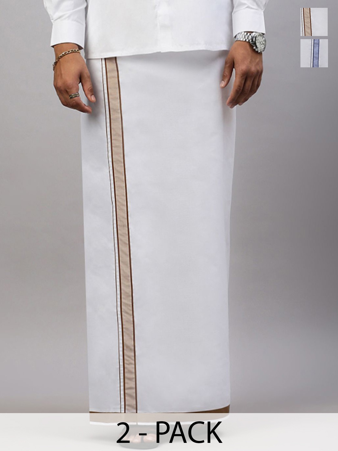 

Ramraj Men Pack Of 2 Solid Dhotis with Border, White
