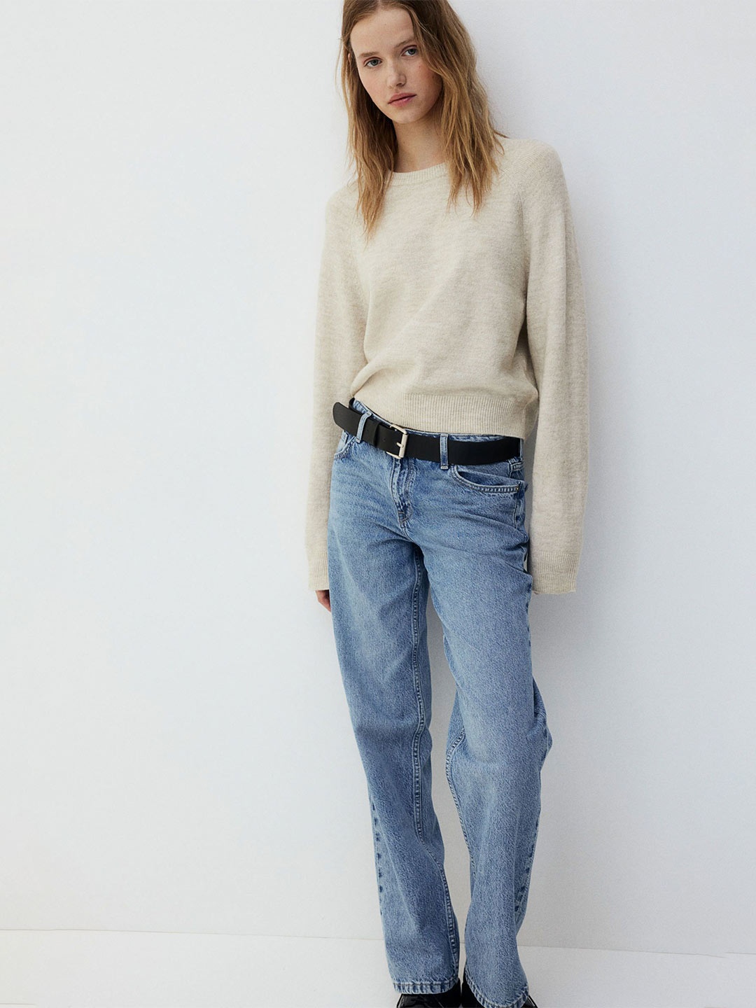 

H&M Short Fine-Knit Jumper, Beige