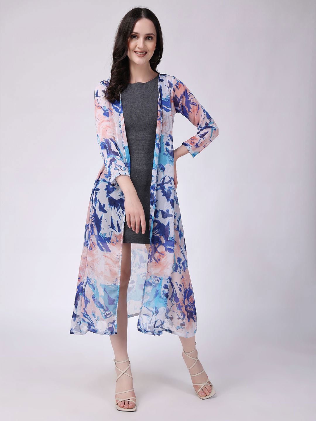 

MINOS Women Printed Longline Shrug, Blue