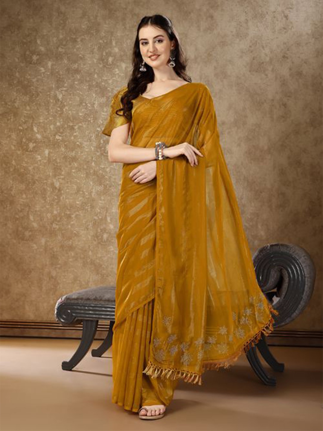 

HERE&NOW Embellished Beads and Stones Saree, Mustard