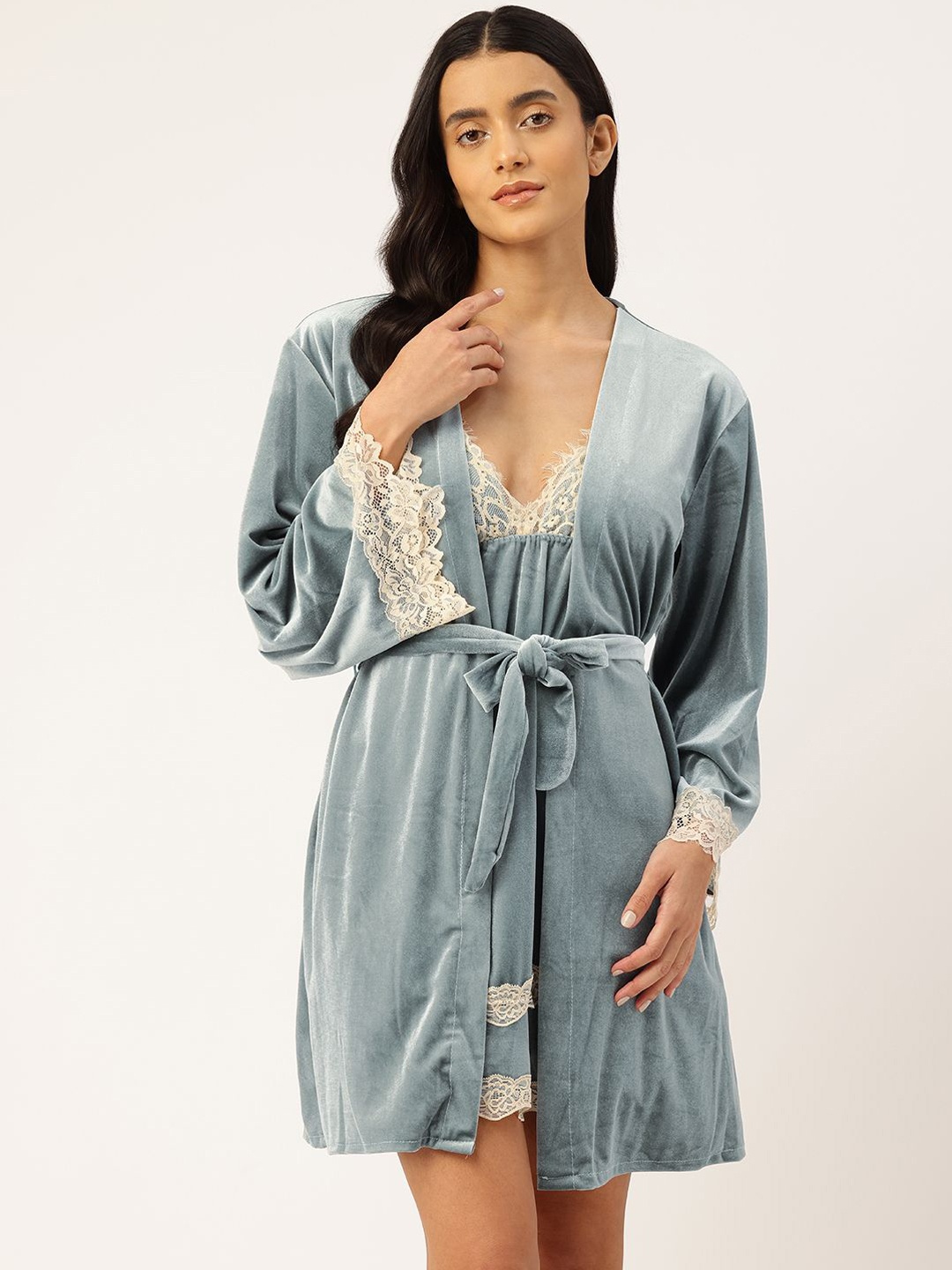 

Ms.Lingies Women Velvet Babydoll Nightwear With Robe, Grey