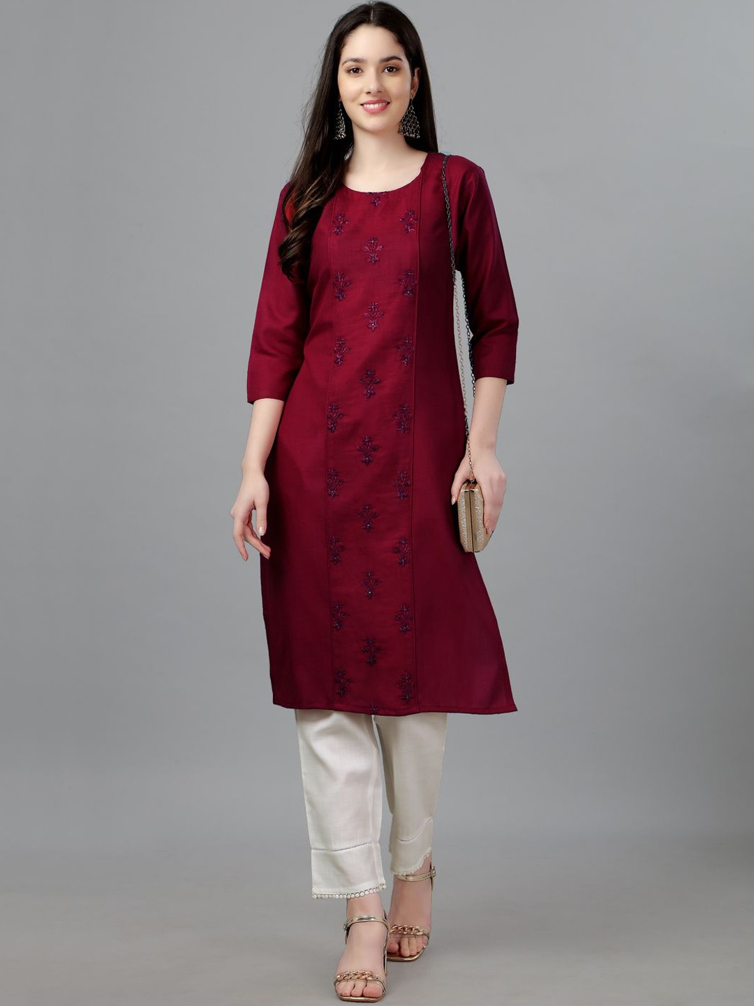 

KAYOMMI Floral Embroidered Thread Work Cotton Straight Kurta, Maroon