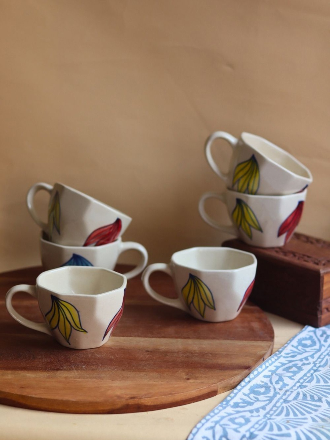 

WEAVING HOMES White & Blue 6 Pieces Printed Ceramic Glossy Cups 220 ml