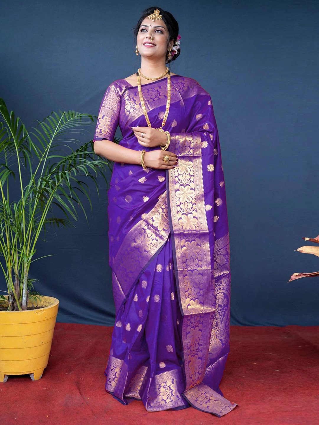 

KALINI Ethnic Motifs Zari Pure Silk Banarasi Saree, Purple