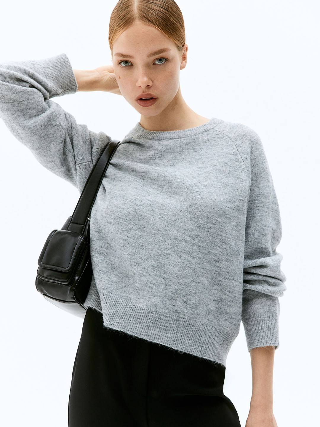 

H&M Short Fine-Knit Jumper, Grey