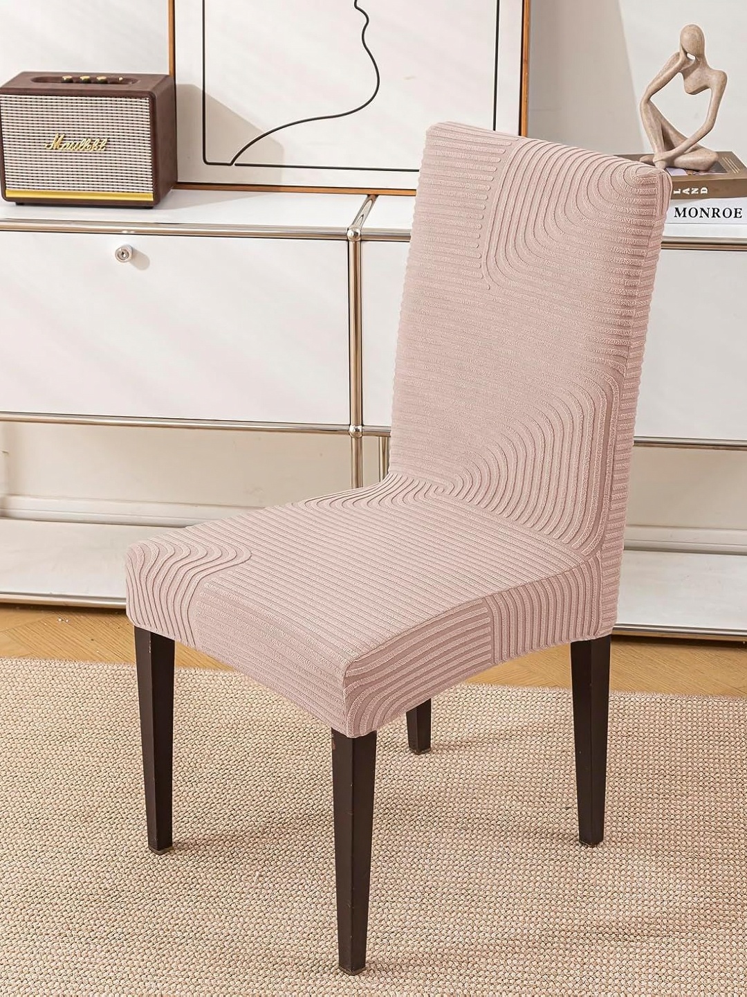 

HOUSE OF QUIRK Pink 6 Pieces Striped Jacquard Removable & Washable Chair Covers