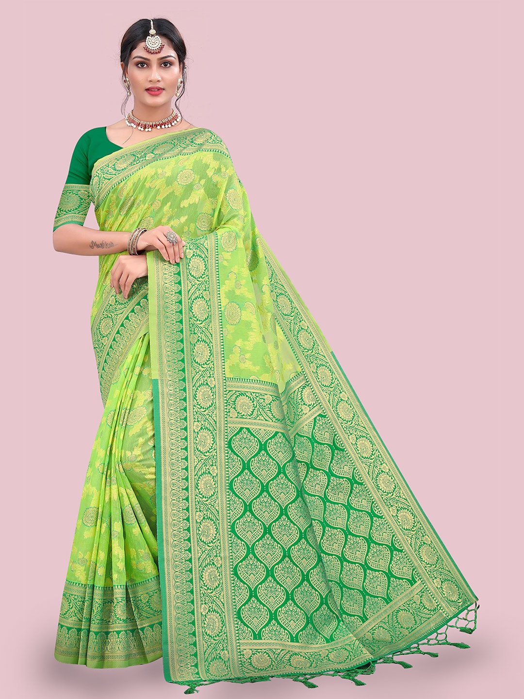 

Maroosh Woven Design Zari Saree, Lime green