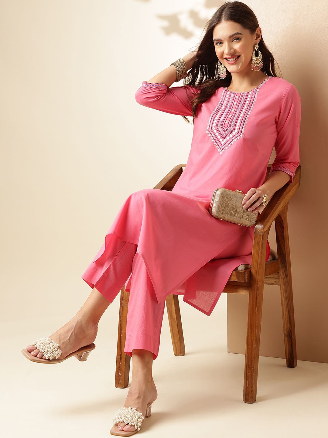 

Anouk Round Neck Three-Quarter Sleeves Regular Thread Work Kurta With Trouser, Pink