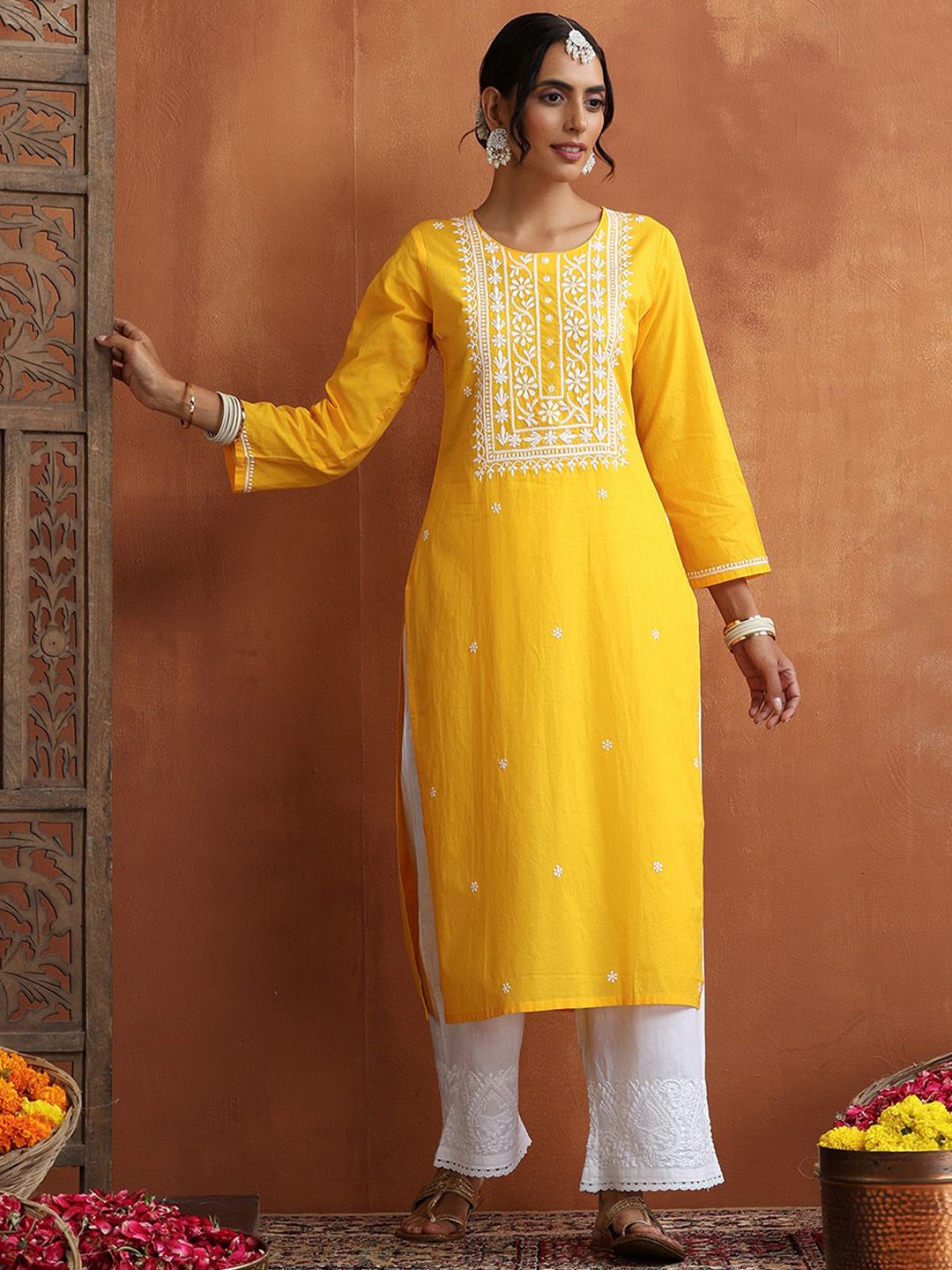 

House of Chikankari - Chikankari Woven Kurta, Yellow