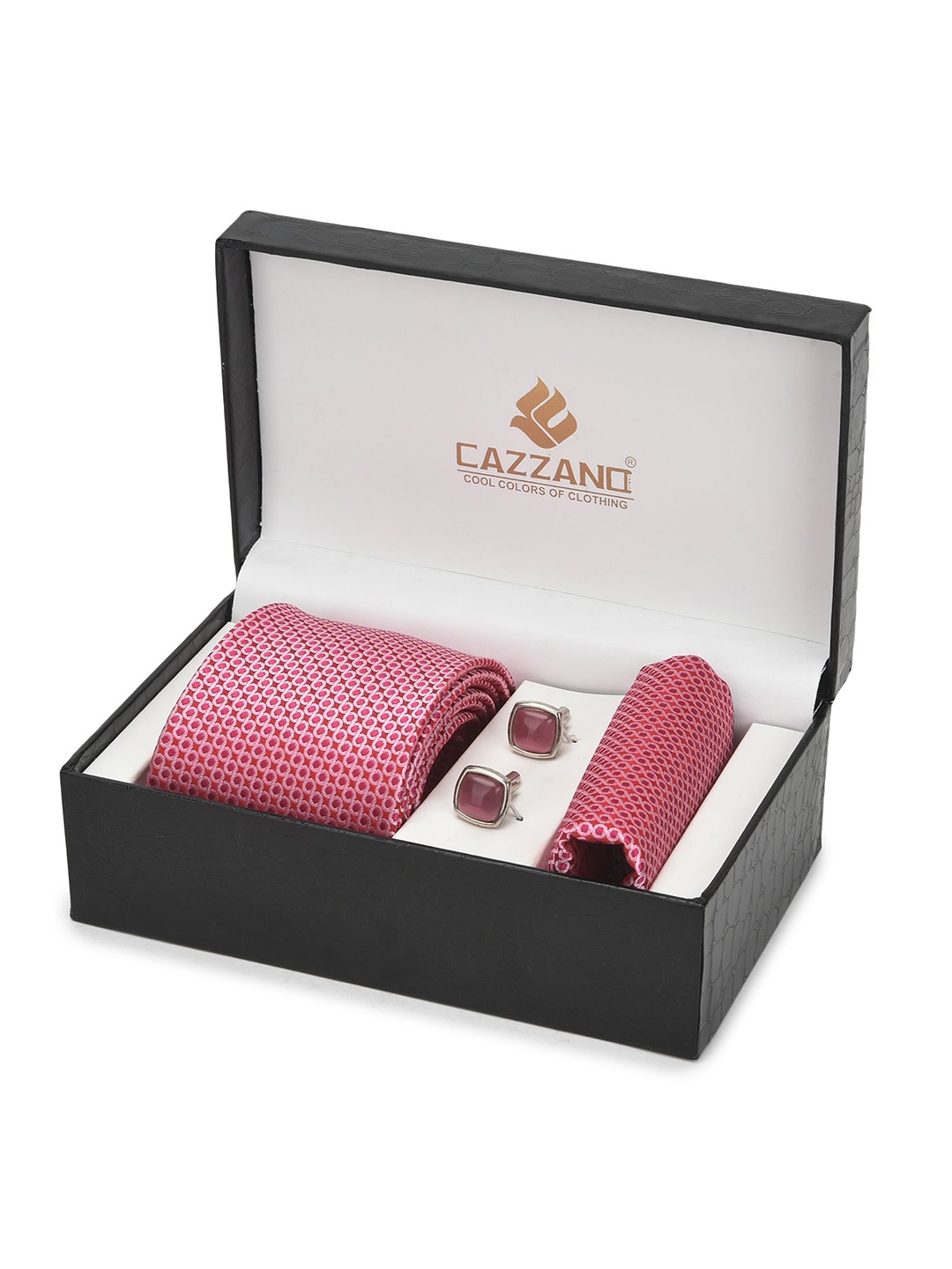 

Cazzano Men Accessory Gift Set Of Slim Tie, Cufflink & Pocket Square, Magenta