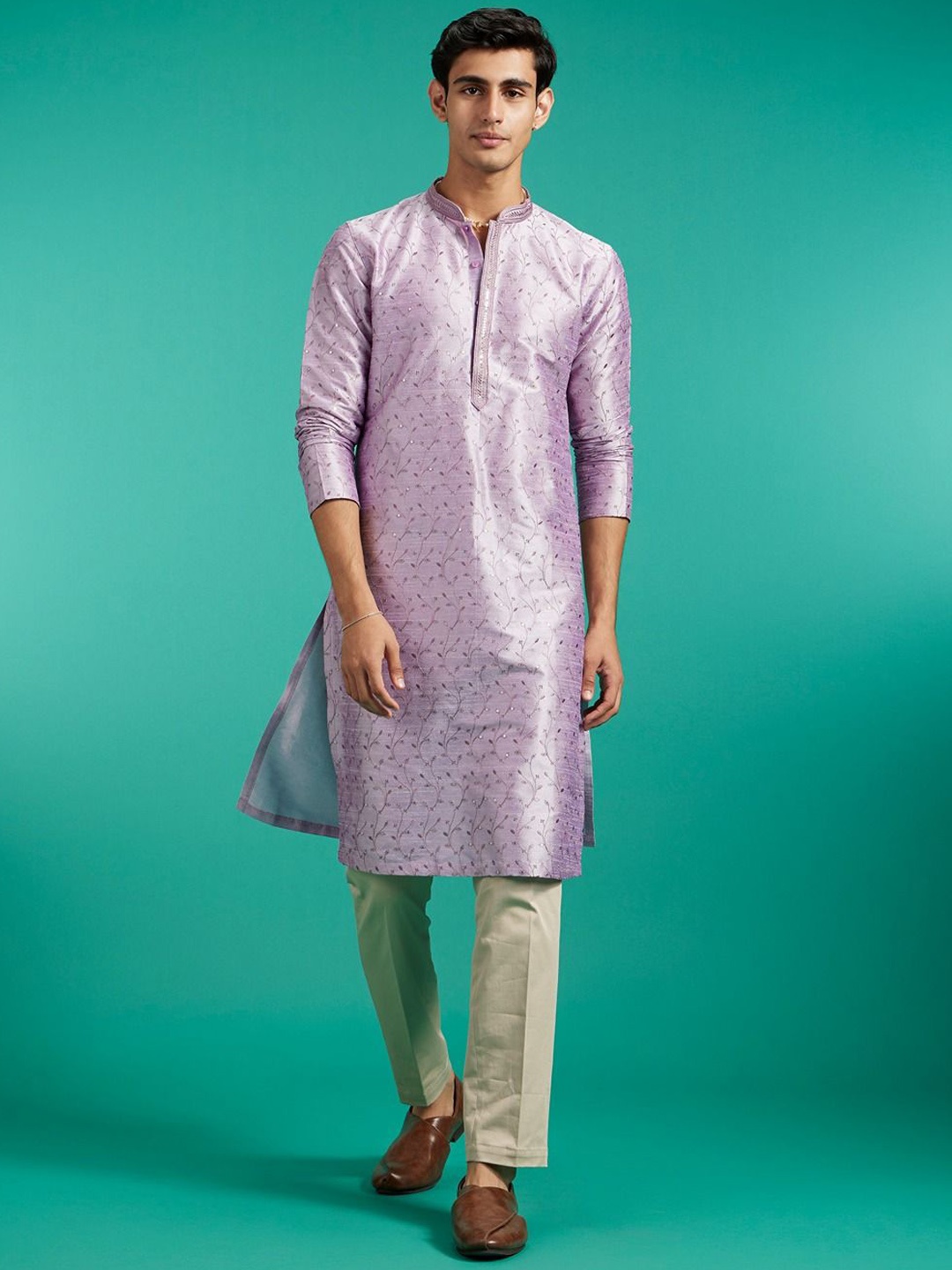 

Diwas by Manyavar Floral Embroidered Mandarin Collar Sequinned Art Silk Straight Kurta, Purple